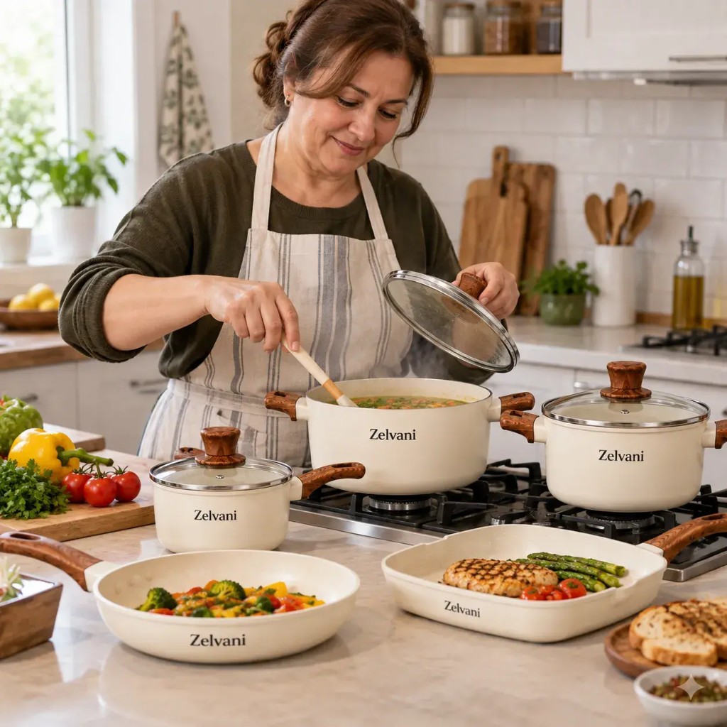 Donna che cucina a casa con le pentole Zelvani effetto pietra crema