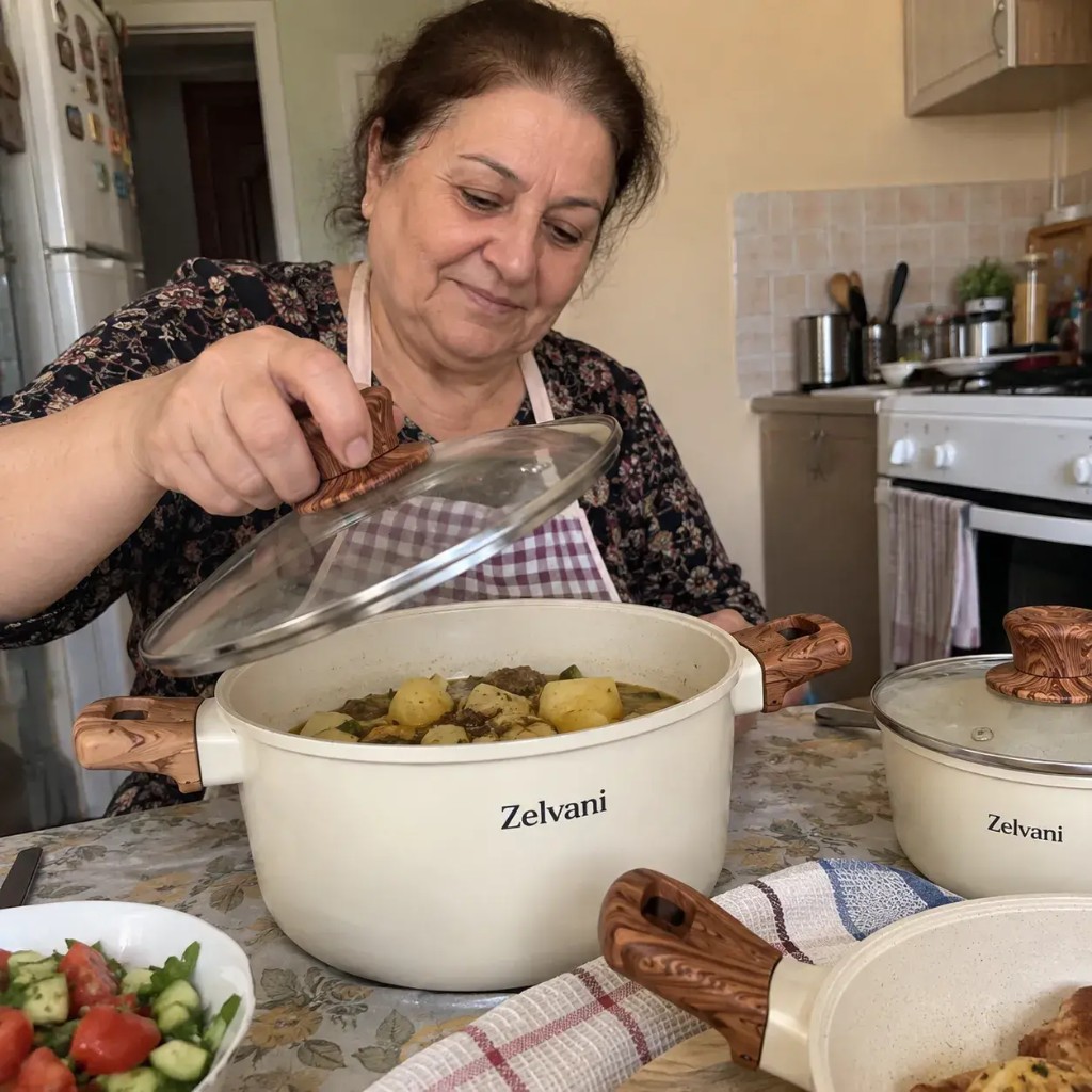 Cliente Zelvani che cucina a casa con il set effetto pietra crema